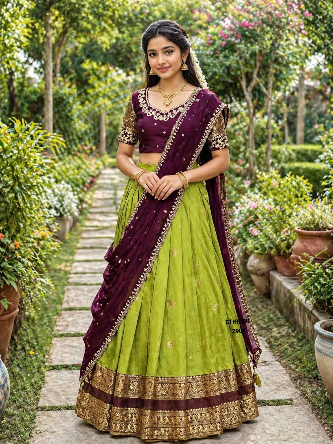 Traditional Gold Zari Work Maroon Blue Lehenga